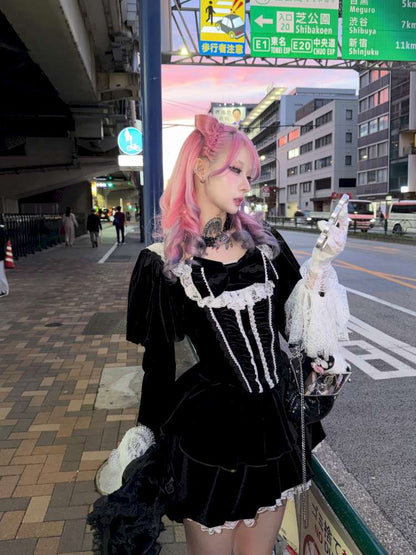 Bow Black Velvet Paneled Lace Dress【s0000014680】