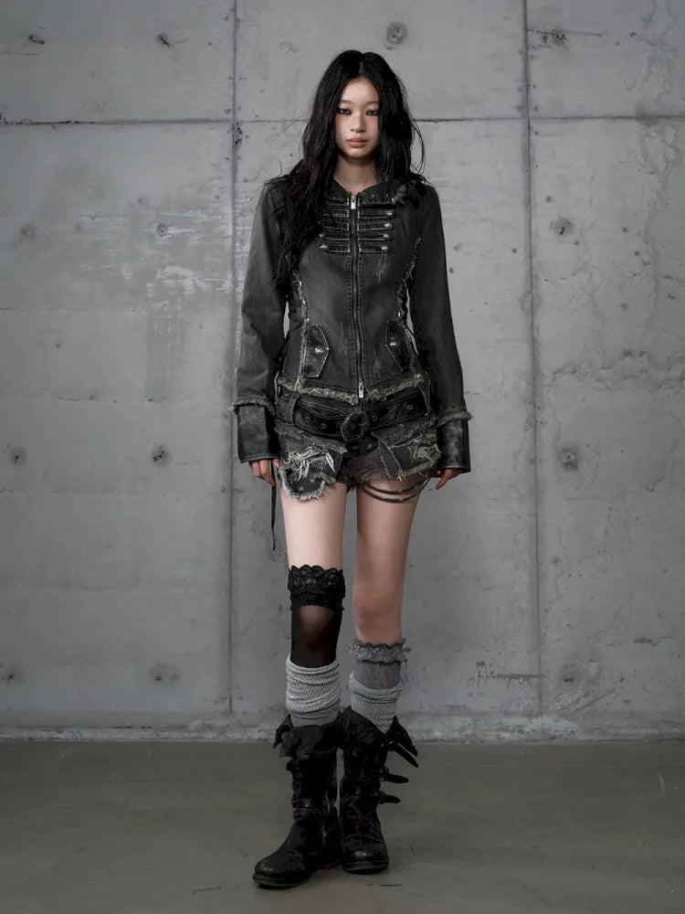 Denim Detachable Slim-Fit Hooded Jacket【s0000013951】