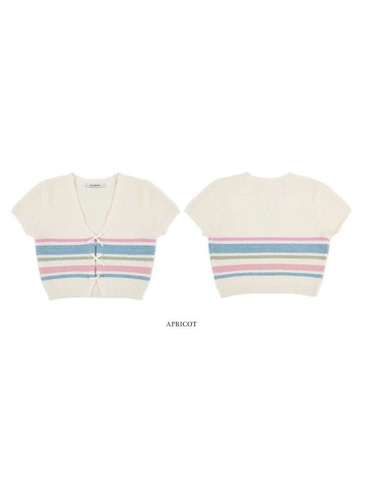 Stripe texture feeling bow short sleeve V-neck knit tops【s0000008636】