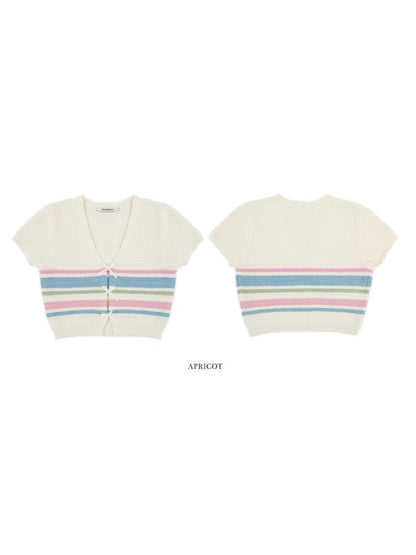 Stripe texture feeling bow short sleeve V-neck knit tops【s0000008636】