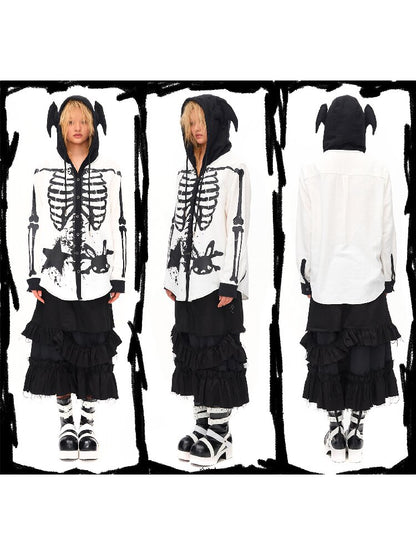 Demon Skeleton Print Hooded Shirt【s0000016054】