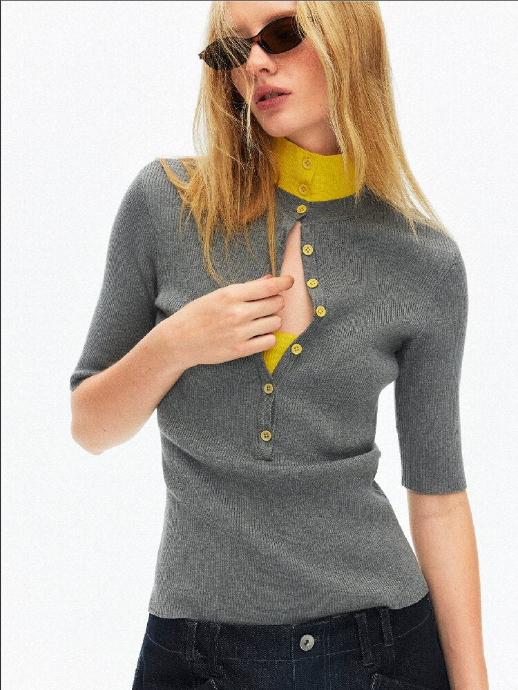 Lyocell Contrast Knitted Top【s0000015923】