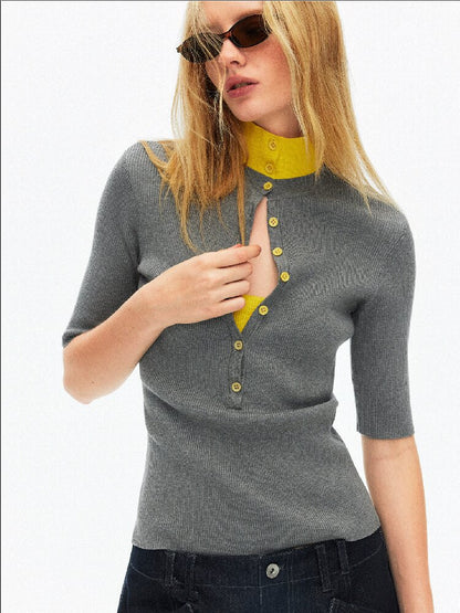 Lyocell Contrast Knitted Top【s0000015923】