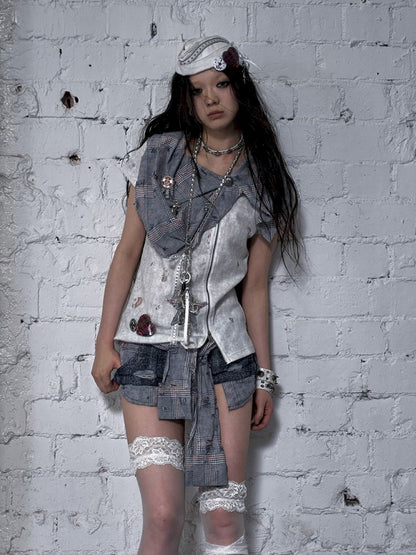 Faux two-piece distressed short-sleeved T-shirt【s0000012790】