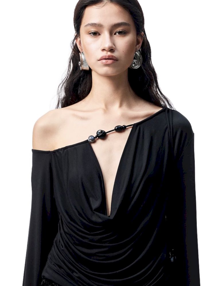 Beaded Swing Neck Strapless Long Sleeve Blouse【s0000012404】