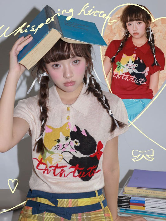 Two-Tone Kitten Knit Short-Sleeve Polo Shirt【s0000013925】