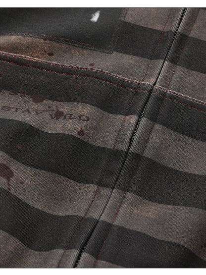 Striped Portrait Print Hooded Jacket【s0000019267】