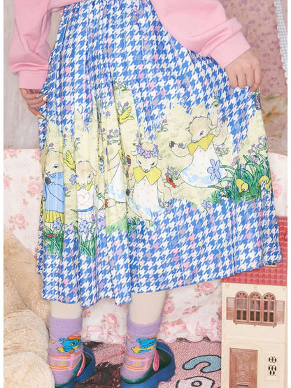 Blue Houndstooth Plaid Lamb Print Skirt【s0000014824】