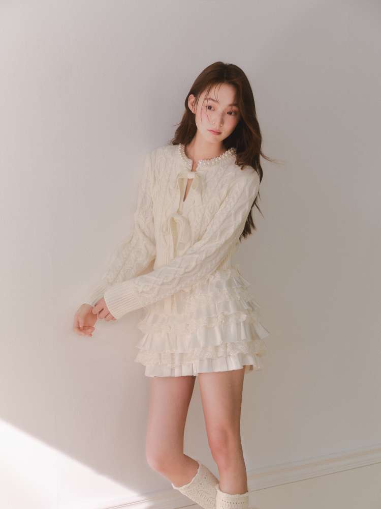 Crochet-Tied Bow Short Knit Cardigan【s0000014611】