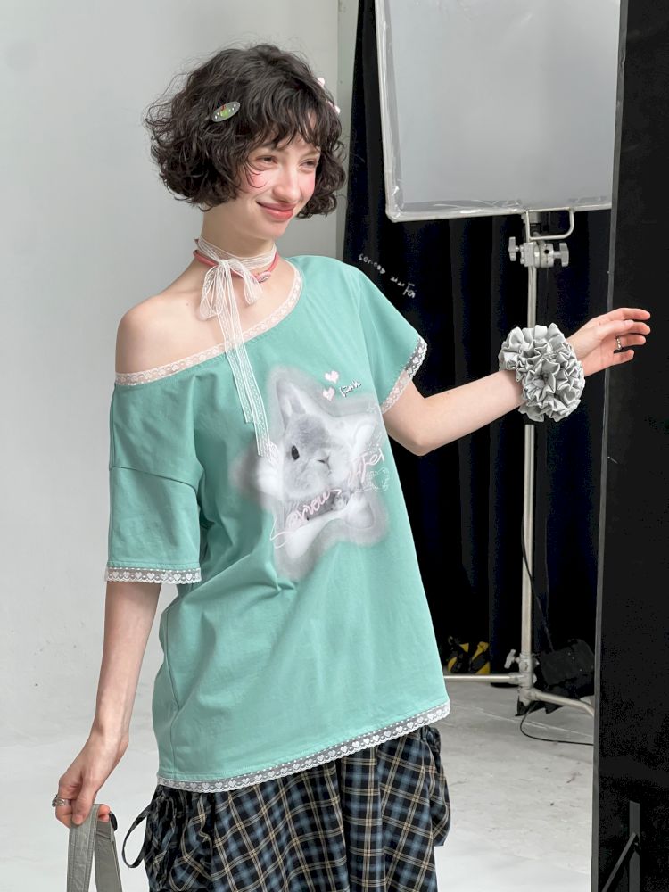 Lace edge large round neck loose short sleeve t-shirt【s0000013373】