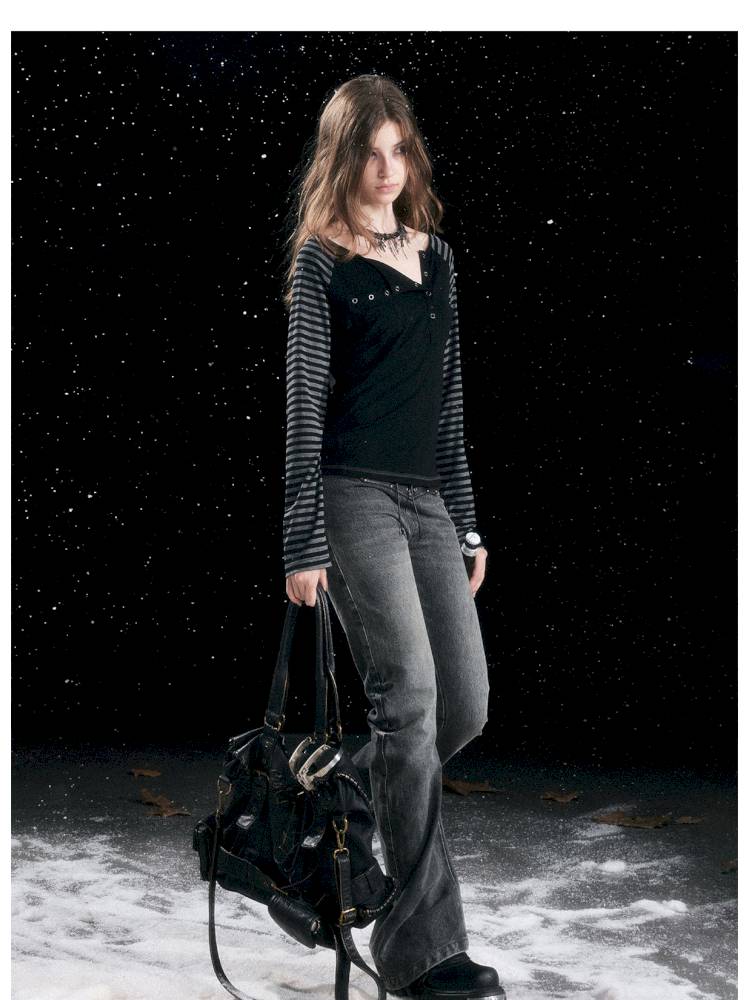 Leather-Trimmed Patchwork Pleated Jeans【s0000014424】