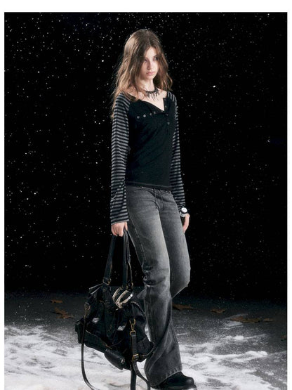 Leather-Trimmed Patchwork Pleated Jeans【s0000014424】