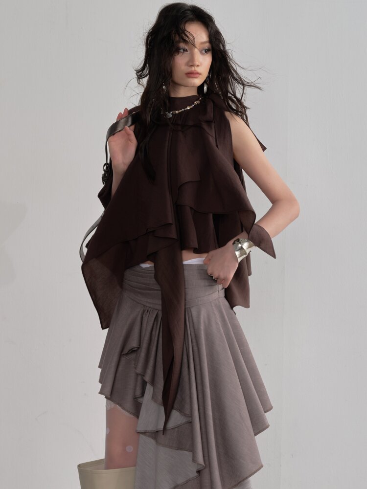 Pleated Linen Lace Asymmetrical Skirt【s0000015691】