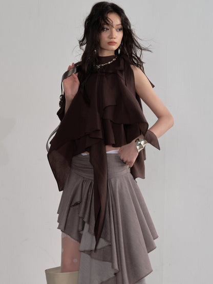 Pleated Linen Lace Asymmetrical Skirt【s0000015691】