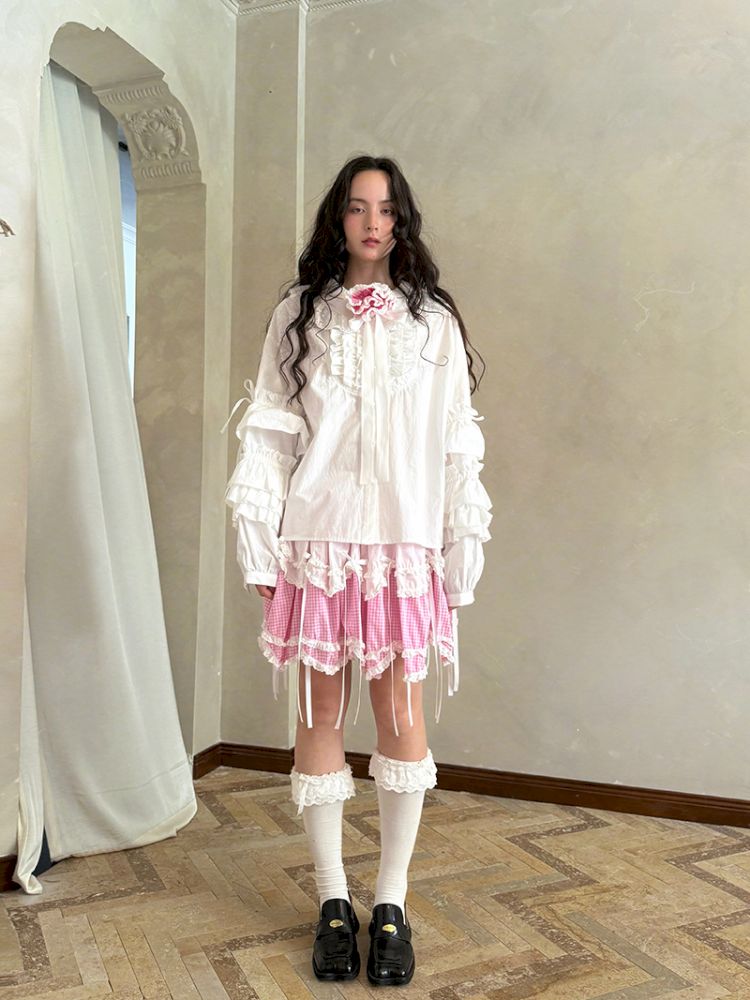 Pink checkered lace trim long-sleeved shirt【s0000012761】