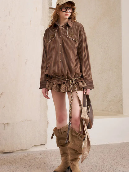 Velvet Beaded Contrast-Striped Vintage Shirt【s0000014079】