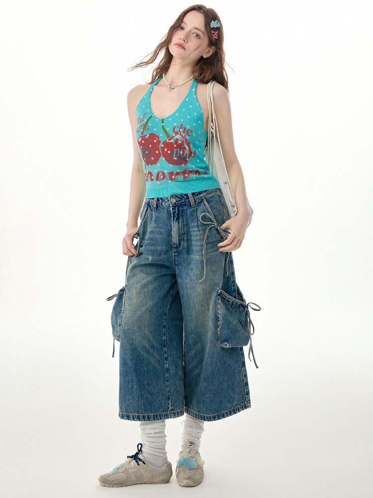 Wave Cherry Print Cropped Top Tank【s0000017305】