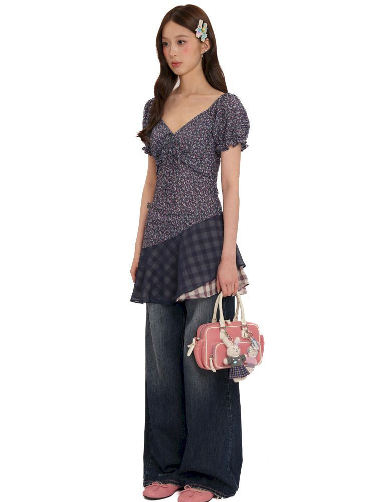 Plaid bubble sleeve top/dress【s0000013456】