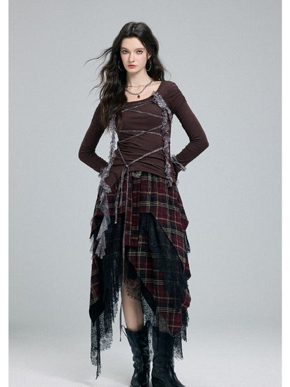 Damaged Plaid Lace Irregular Skirt【s0000016263】
