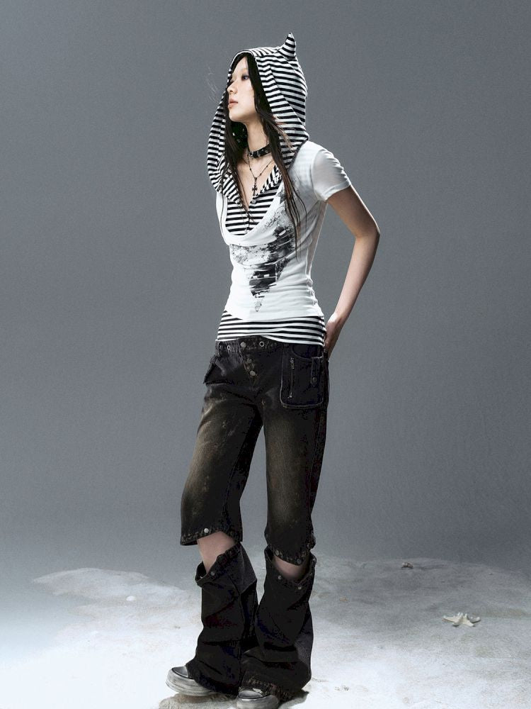 Swing Neck Striped Short Sleeve T-Shirt【s0000012807】