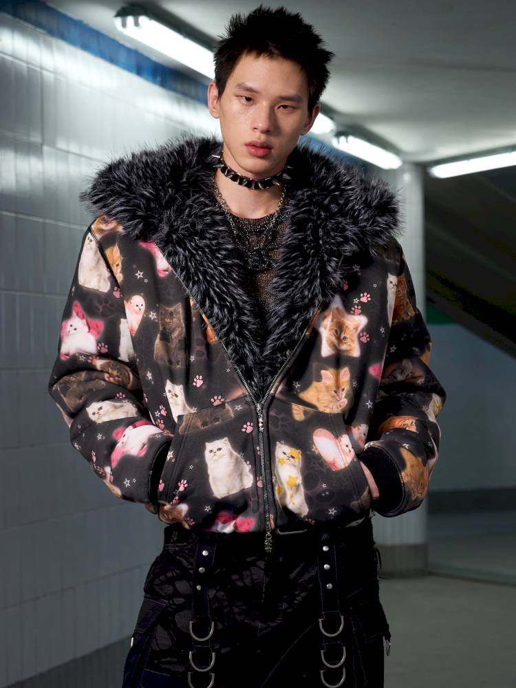 Cat Print Reversible Fleece Jacket【s0000014414】