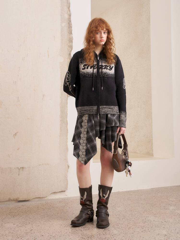 Hooded Black Knit Cardigan【s0000014387】