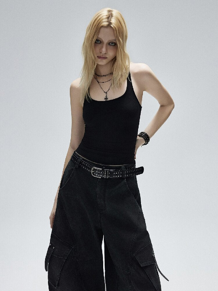 Black Lyocell U-Neck Wide Vest【s0000016251】