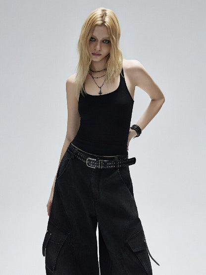 Black Lyocell U-Neck Wide Vest【s0000016251】