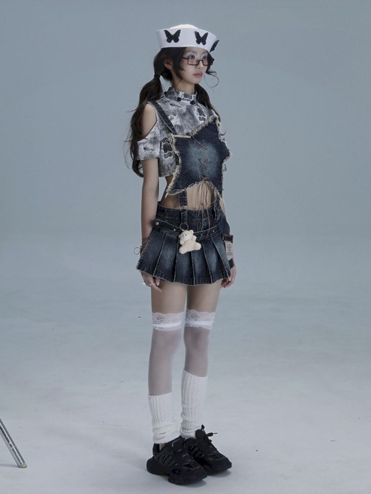 Washable gal niche denim bib culottes【s0000013490】