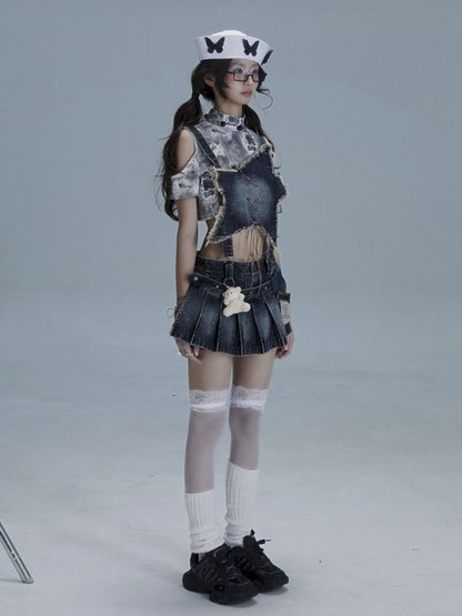 Washable gal niche denim bib culottes【s0000013490】