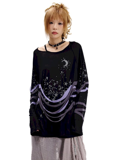 Starry Night Rhinestone Long Sleeve T-Shirt【s0000010505】