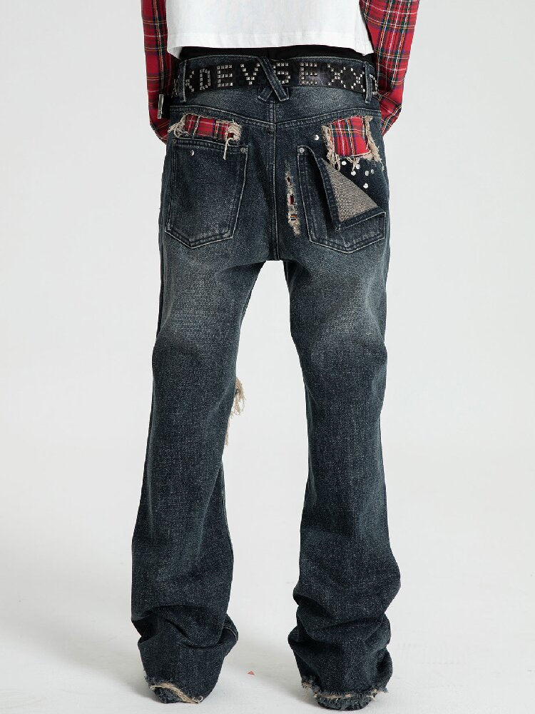 Red Plaid Patch Ripped Jeans【s0000018559】