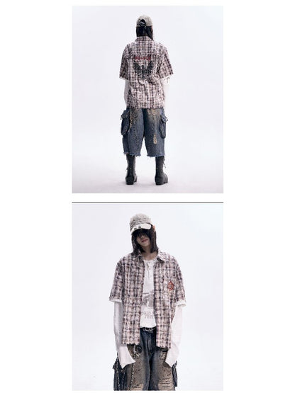 Checkered Raw Edge POLO Collar Shirt【s0000012098】