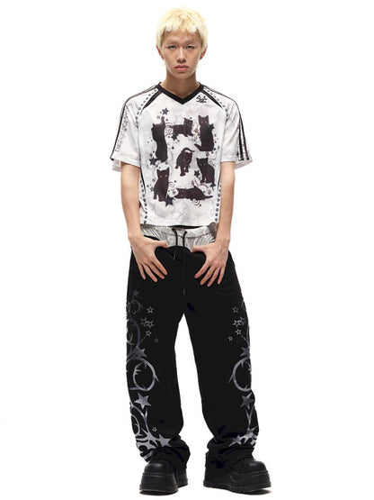 Black cat print shoulder sleeve t-shirt【s0000012586】