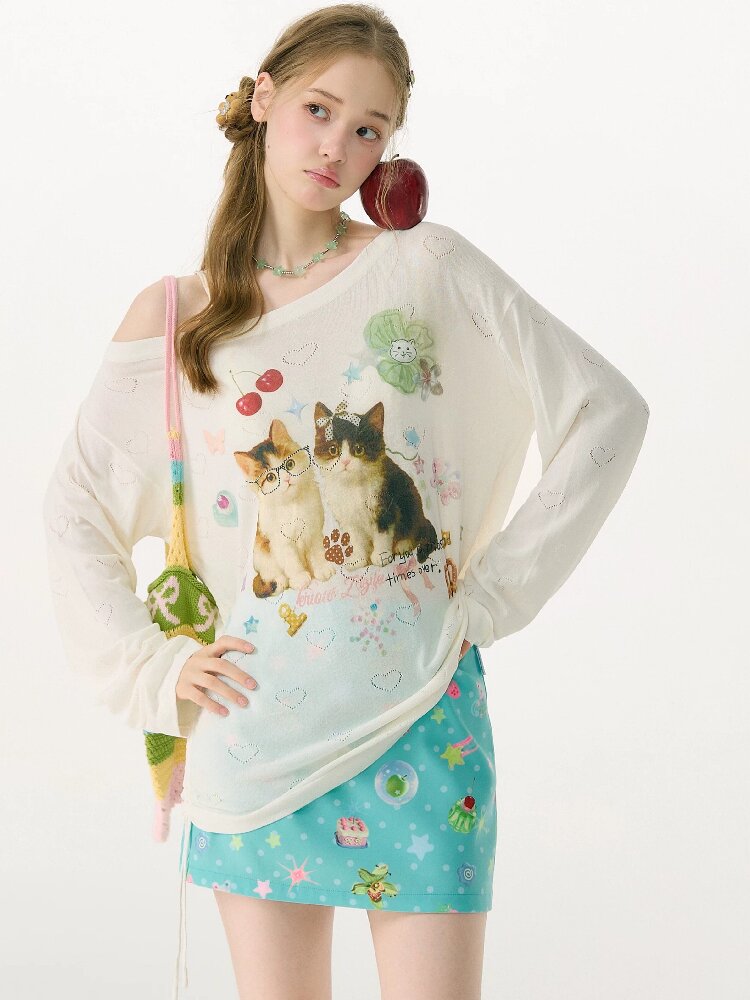 Summer Cat Heart Long Sleeve T Shirt【s0000017162】
