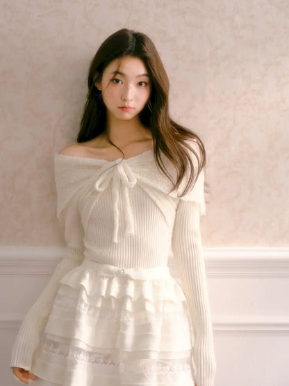 Bow-Tie Slim-Fit Long-Sleeve Knit Top【s0000014339】