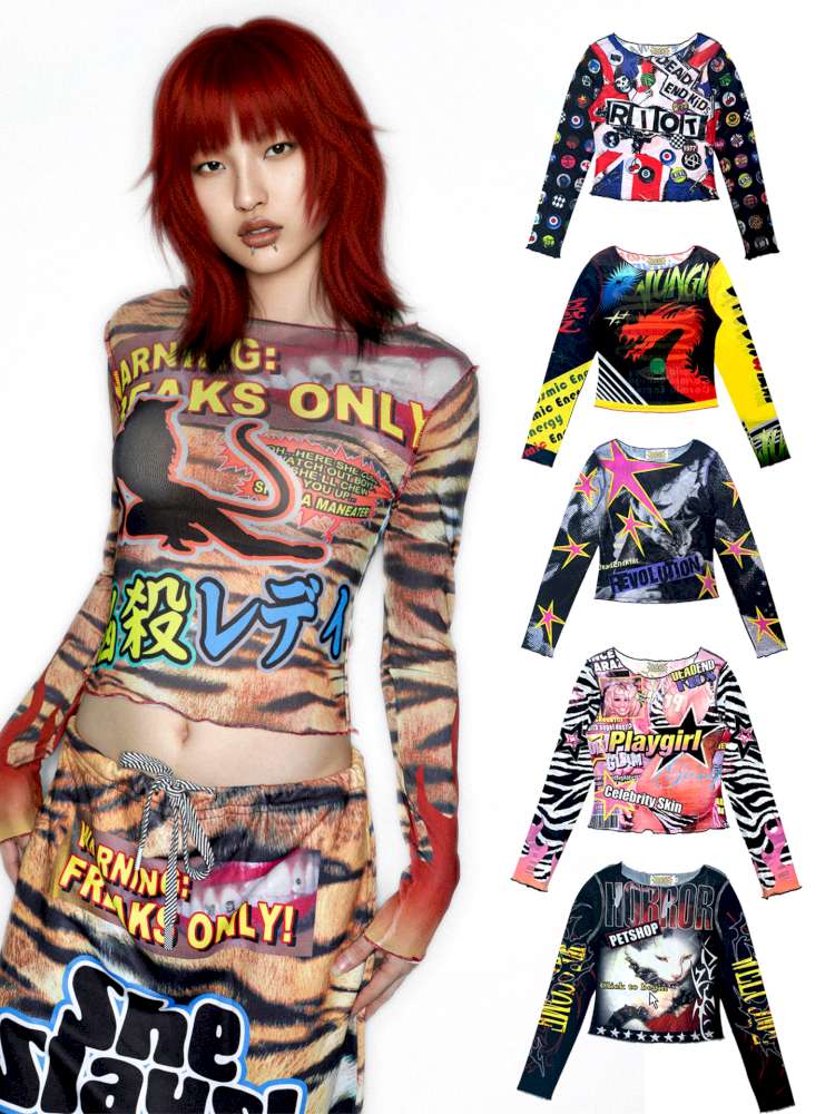 Y2K Millennium Print Long Sleeve Mesh Top【s0000014915】