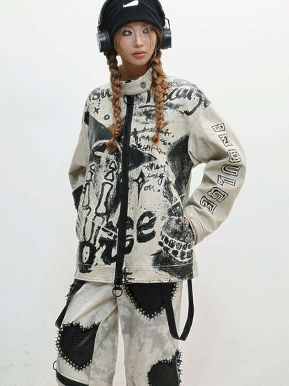 Old Printed Motorcycle Punk Thick Leather Jacket【s0000014829】