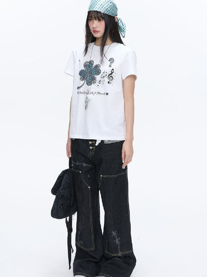 White Melody Shoulder Sleeve T-Shirt【s0000016381】