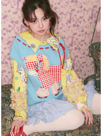 Blue Red Plaid Pony Knit Vest【s0000015023】
