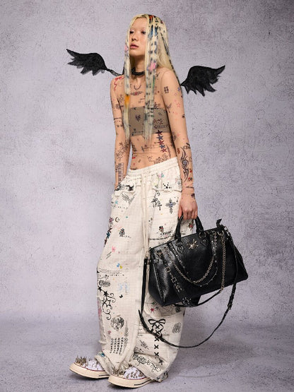 Manuscript Tattoo Print Long Sleeve Top【s0000018741】