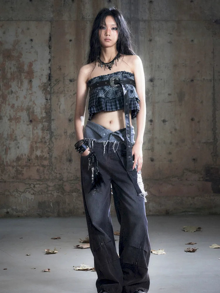 Distressed Wide-Leg Jeans【s0000013958】