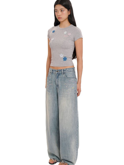 Irregular flowers Slim short-sleeved T-shirt【s0000013444】