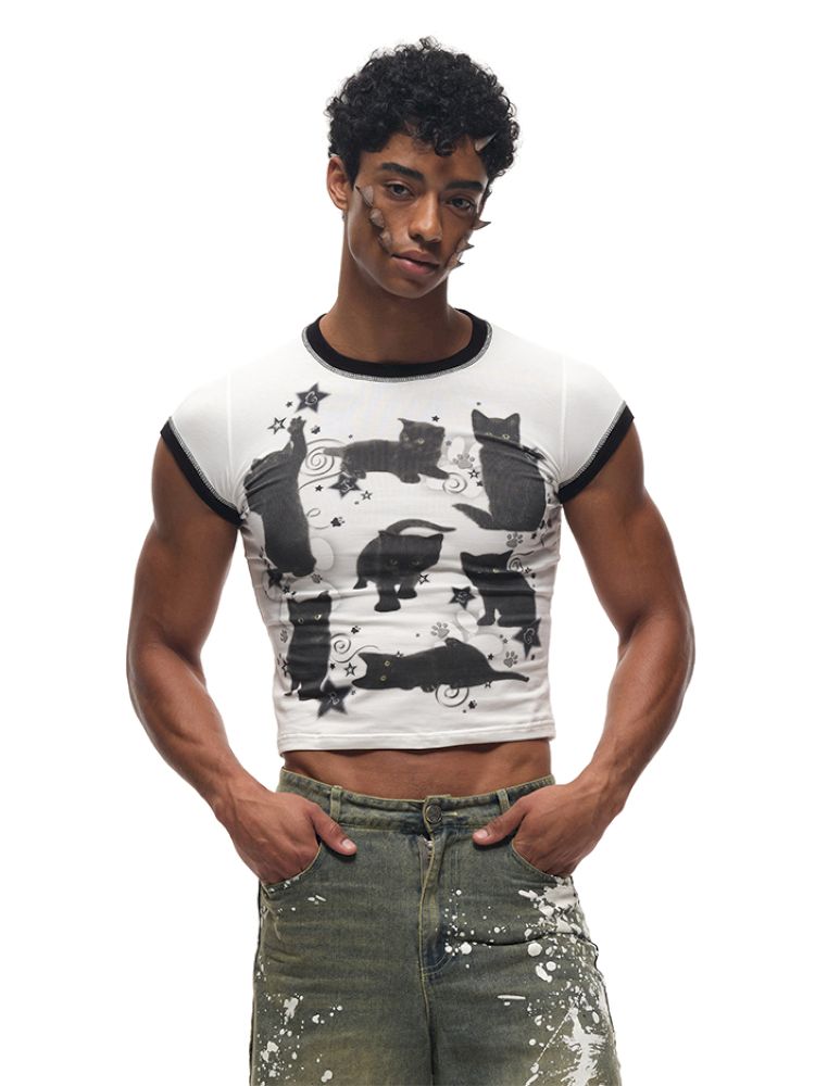 Black Cat Print Short Sleeve T-Shirt【s0000012587】