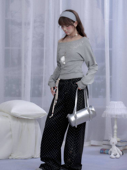 Gray slanted shoulder T-shirt【s0000014371】