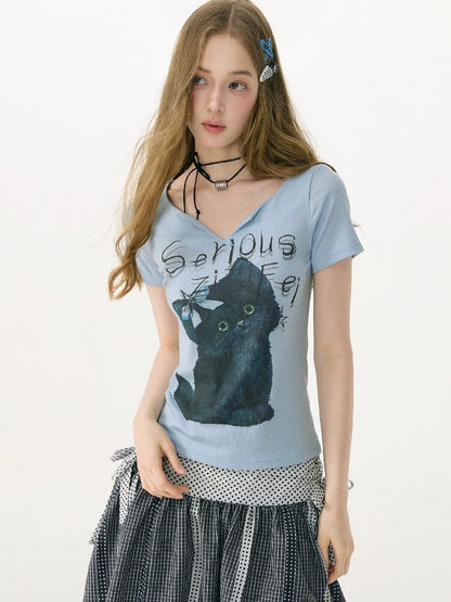 Vneck Cat Print Short Sleeve T Shirt【s0000017158】