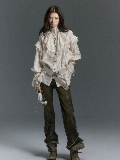 Patchwork Pearlescent Ruffled Stand Collar Shirt【s0000019242】