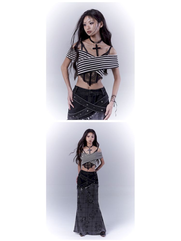 One-shoulder striped hot bustier top【s0000012839】