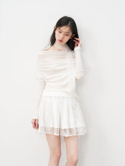 One Shoulder Top + Lace Embroidered Half Skirt【s0000011955】