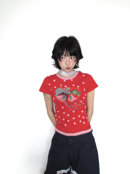 Lace Cotton Mini Print Short Top【s0000018656】